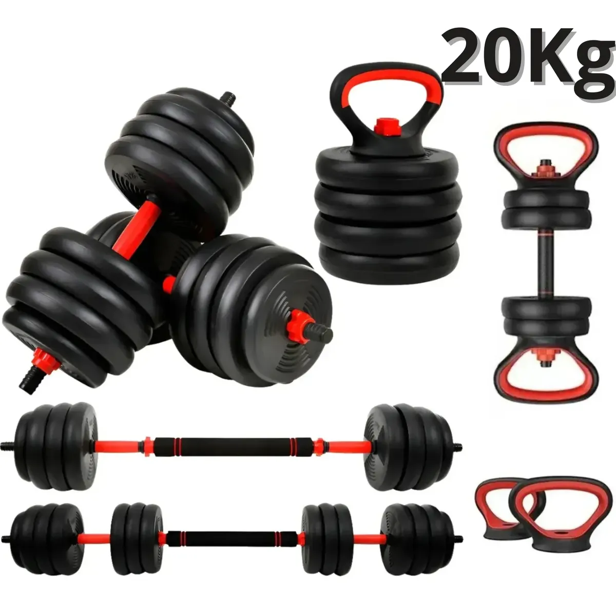 **Solução:** Apresente o Kit Halteres 6 em 1 – 20kg ajustáveis. São 6 peças que se transformam em diferentes cargas, com anilhas seguras de PE e ferro, e barra reta de 1,3m com revestimento plástico antiderrapante. Perfeito para treinos completos de braços, ombros e costas sem ocupar espaço. É a **ideia de presente de aniversario para marido** 