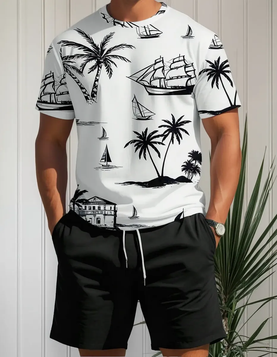   Idéia de Presente Diversão e Elegância: Conjunto De Camisa E Bermuda Masculina Com Estampa Tropical.Conjunto de t-shirt e calções casuais de verão para homem com estampado de palmeira, gola redonda, manga curta, com cordão e cintura ajustável

O tecido é leve, respirável, macio e confortável

Top: Palmeiras, estampado de veleiro, manga curta, gola redonda, camisola

Calções: cós elástico com cordão, bolsos inclinados, calças curtas. Os bolsos laterais mantêm os seus essenciais sempre à mão

Perfeito para exercício, desporto, ioga, ginásio, atividades ao ar livre, encontros, reuniões de amigos, férias, feriados, casa, rua, descanso, uso diário, uso casual, etc. 